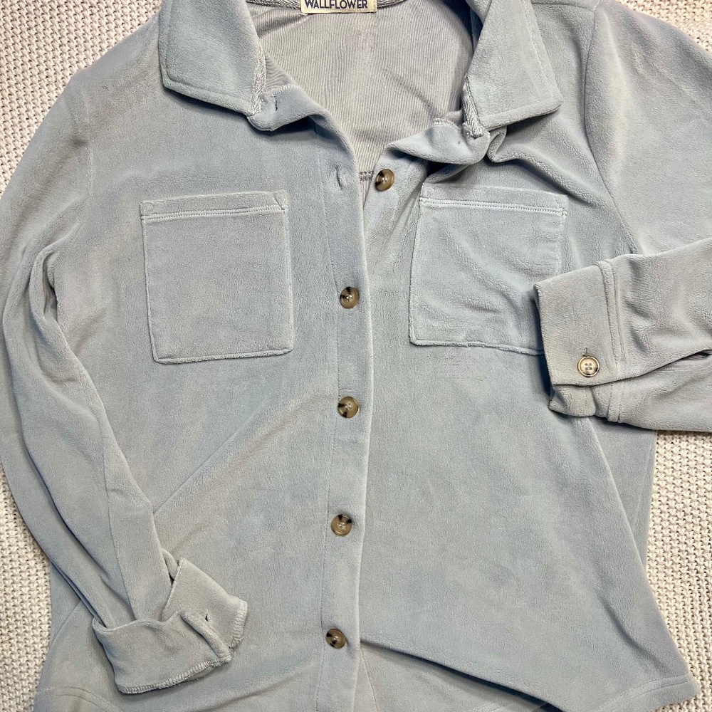 Wallflower Blue Gray Button Up Cozy Soft Terrycloth Shacket